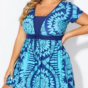 NWT Meet Curve 3X Blue Tribal Women's Swim Dress Top Only
